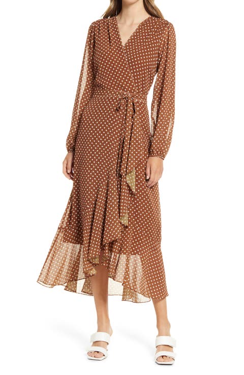 Polka Dot Wrap Front Long Sleeve Dress