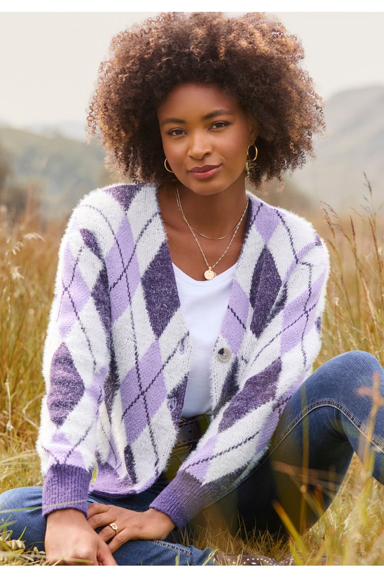 Fuzzy V Neck Cardigan, Main, color, VIOLET ARGYLE