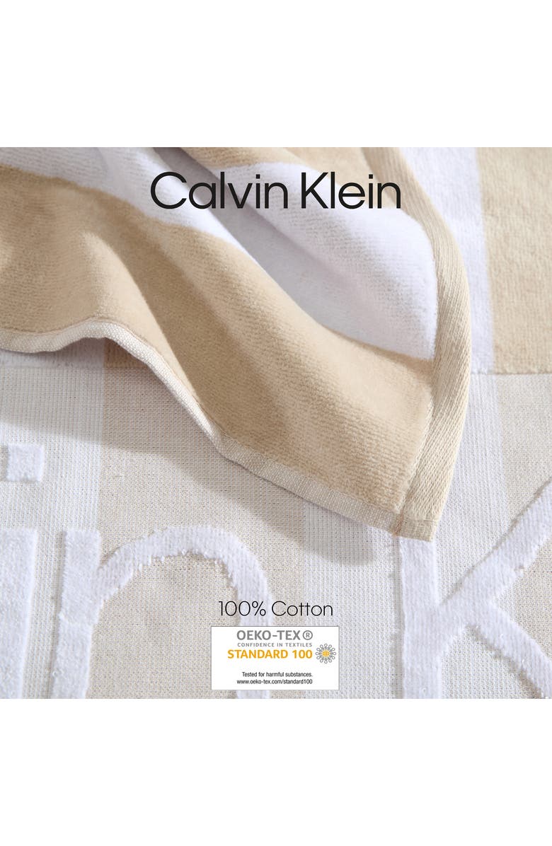 Calvin Klein Beach Stripe Logo Towel, Alternate, color, Beige White
