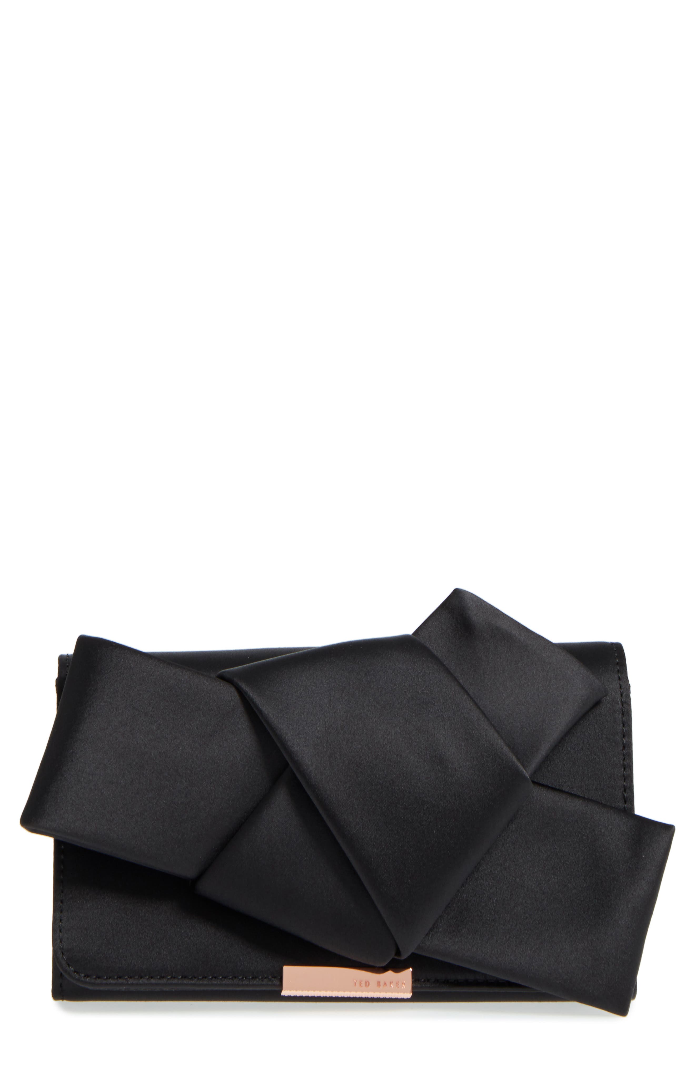 Fefee Satin Knotted Bow Clutch, Main, color, BLACK