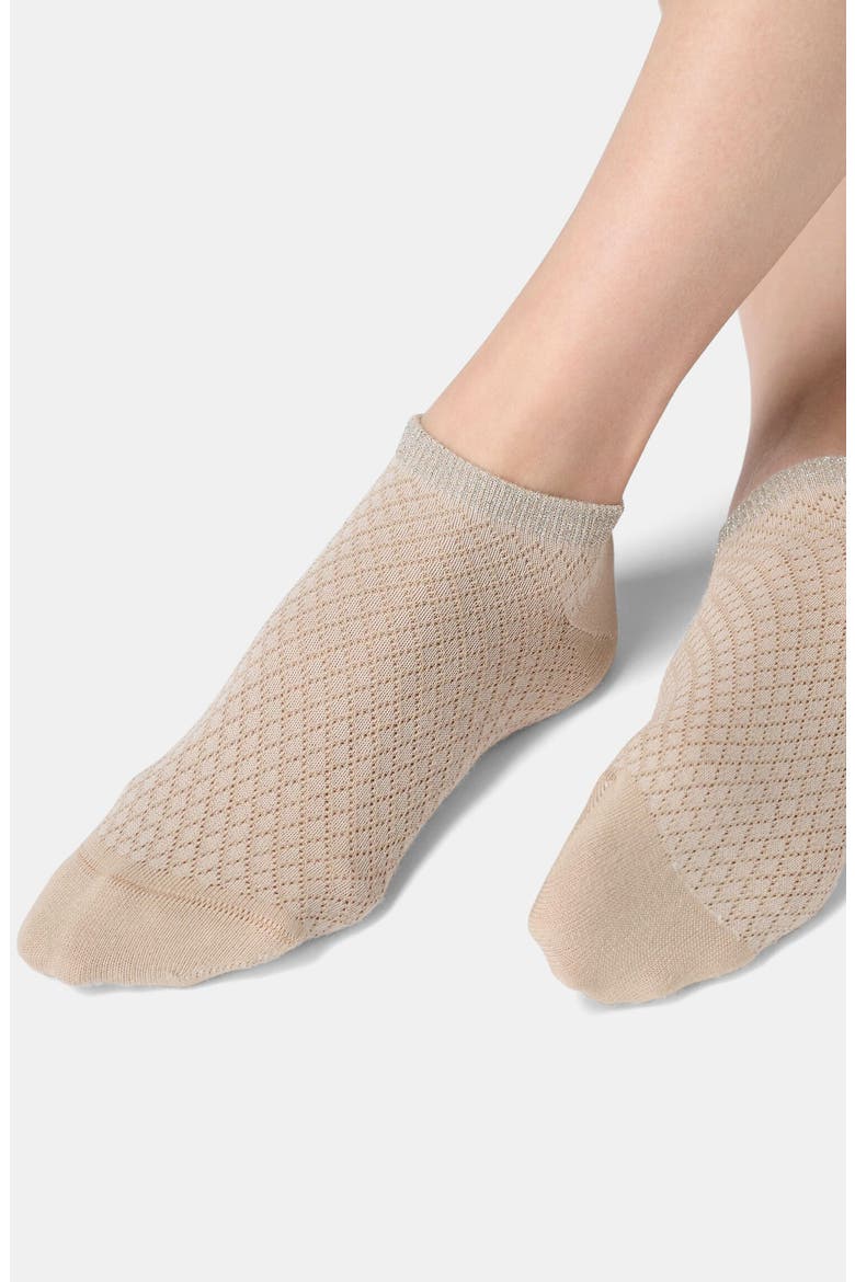 Metallic Cuff Cotton Blend Pointelle No-Show Socks, Alternate, color, SAND