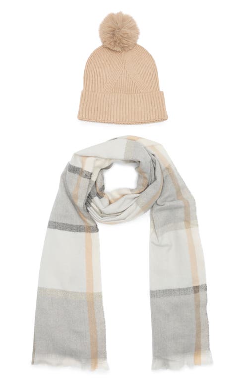 Vince Camuto Pom Beanie & Plaid Scarf Set In Taupe Multi