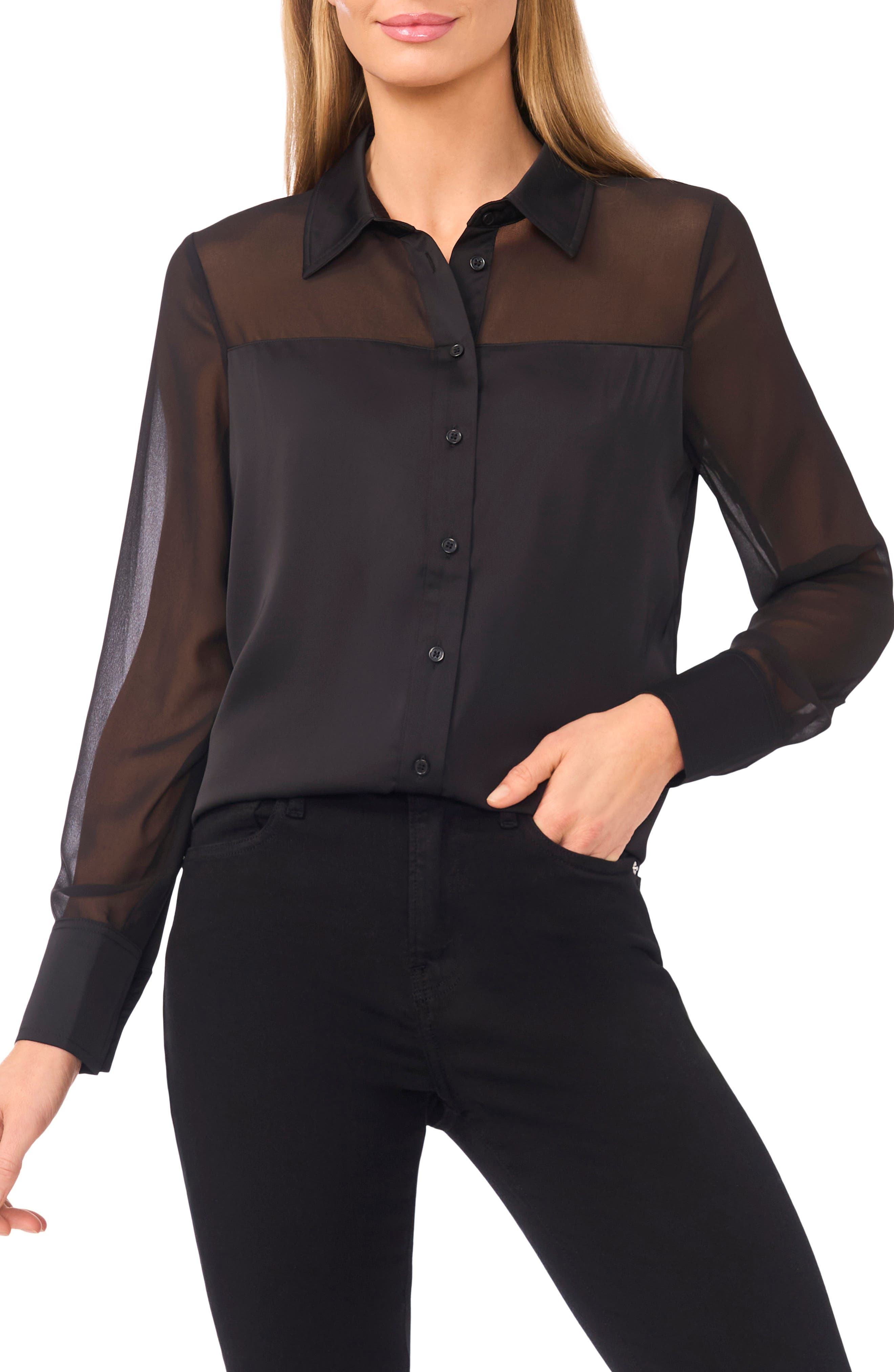 Sheer Detail Button-Up Shirt