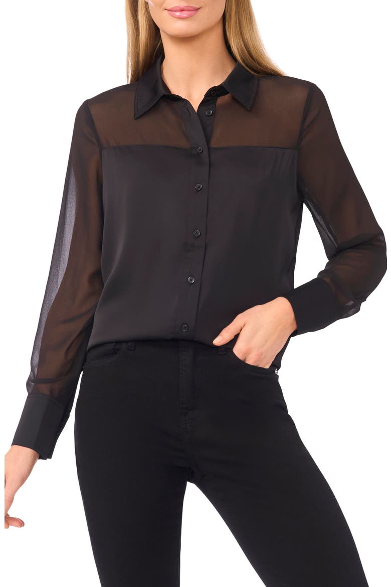 Sheer Detail Button-Up Shirt, Main, color, RICH BLACK