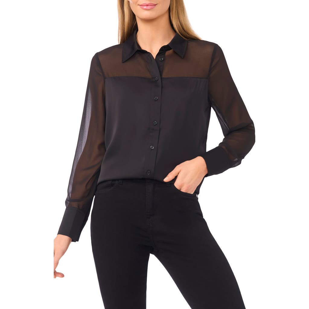 Cece Sheer Detail Button-up Shirt In Black