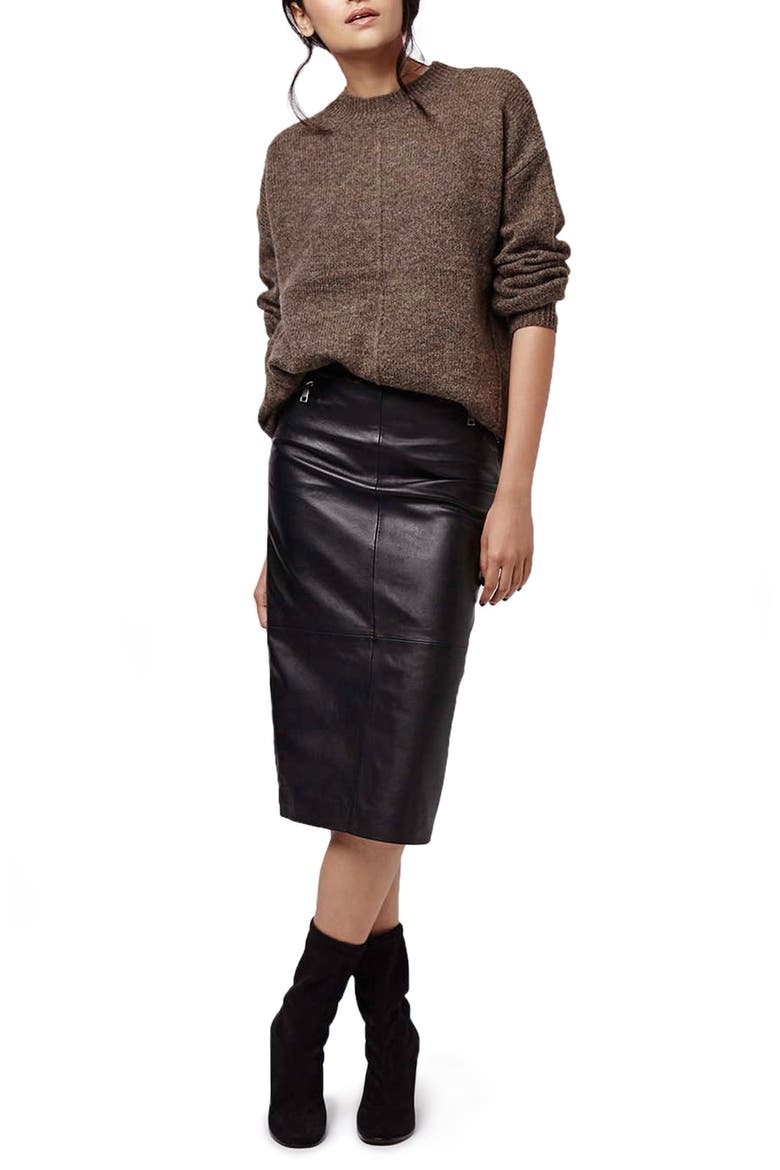 Leather Midi Skirt, Alternate, color, BLACK