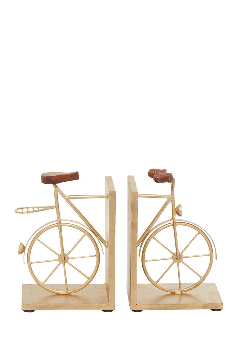Gold Metal Bike Bookends with Wood Accents - Set of 2, Main, color, GOLD