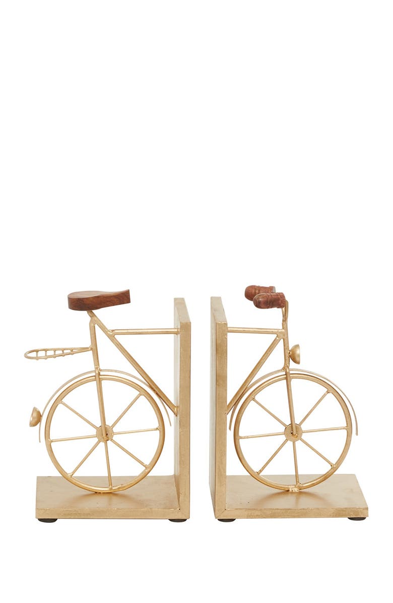 VIVIAN LUNE HOME Gold Metal Bike Bookends with Wood Accents - Set of 2, Main, color, 