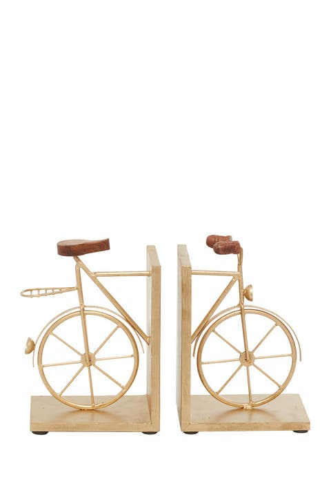 Gold Metal Bike Bookends with Wood Accents - Set of 2