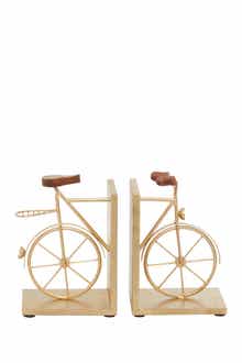 VIVIAN LUNE HOME Gold Metal Bike Bookends with Wood Accents - Set of 2