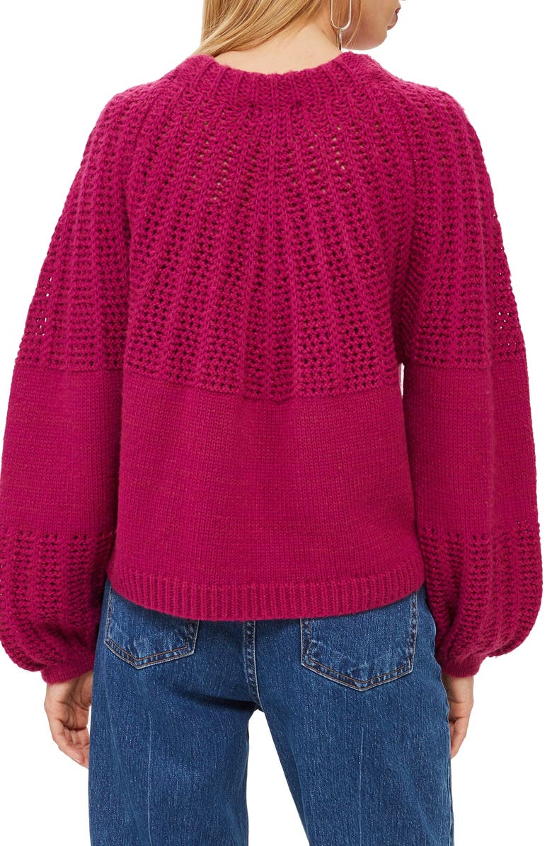 Topshop Pointelle Ball Sleeve Sweater, Alternate, color,