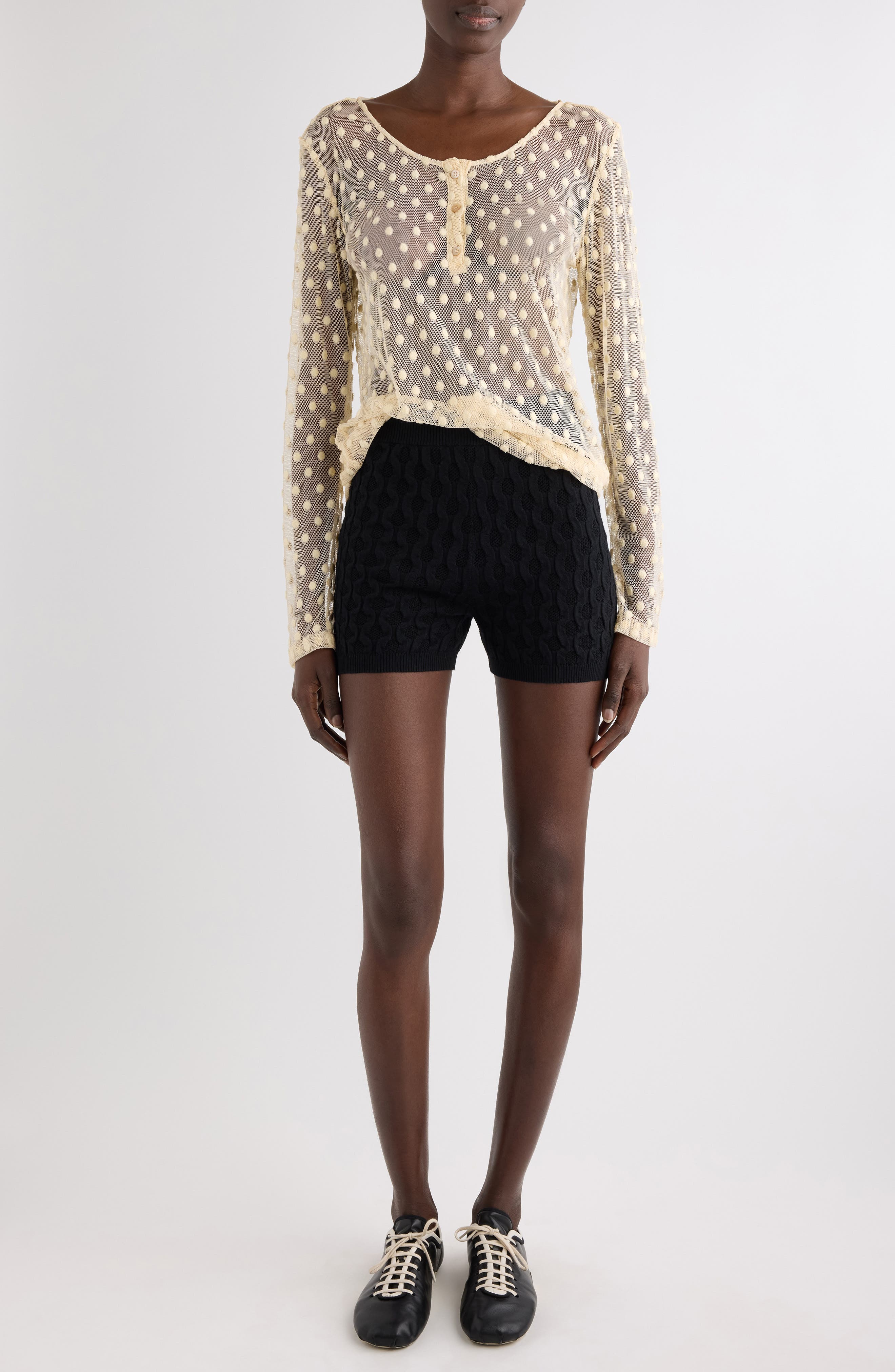 Embroidered Polka Dot Mesh Henley - image 2