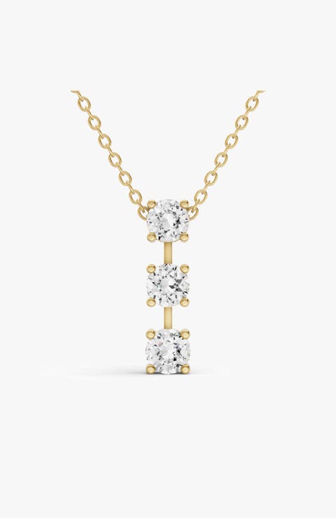 10K Gold 1.5 ct Round Lab Grown Diamond Three Stone Bar Pendant