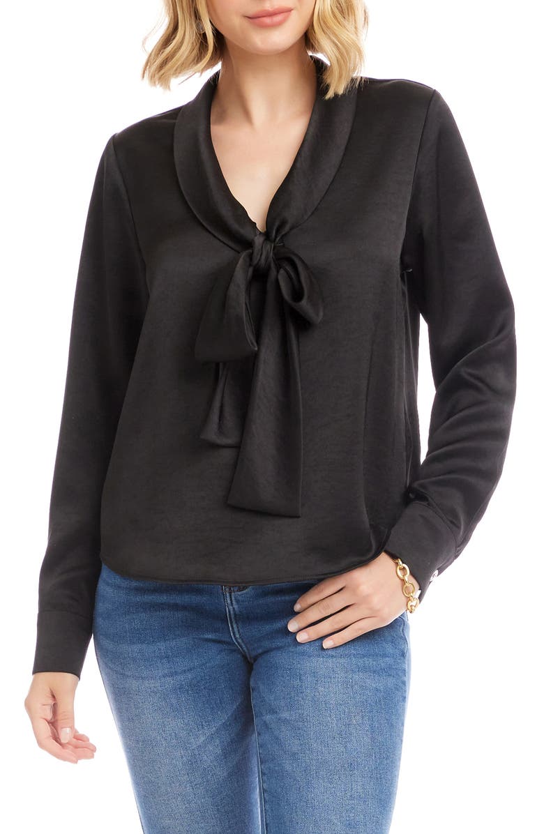 Karen Kane Tie Neck Satin Top, Main, color, Black