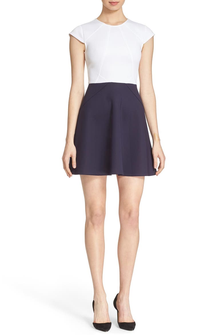 'AABRR' Colorblock Cap Sleeve Skater Dress, Main, color, DARK BLUE