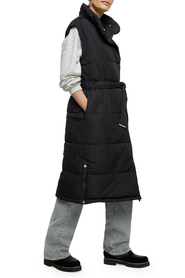 Belted Longline Quilted Vest, Main, color, BLACK