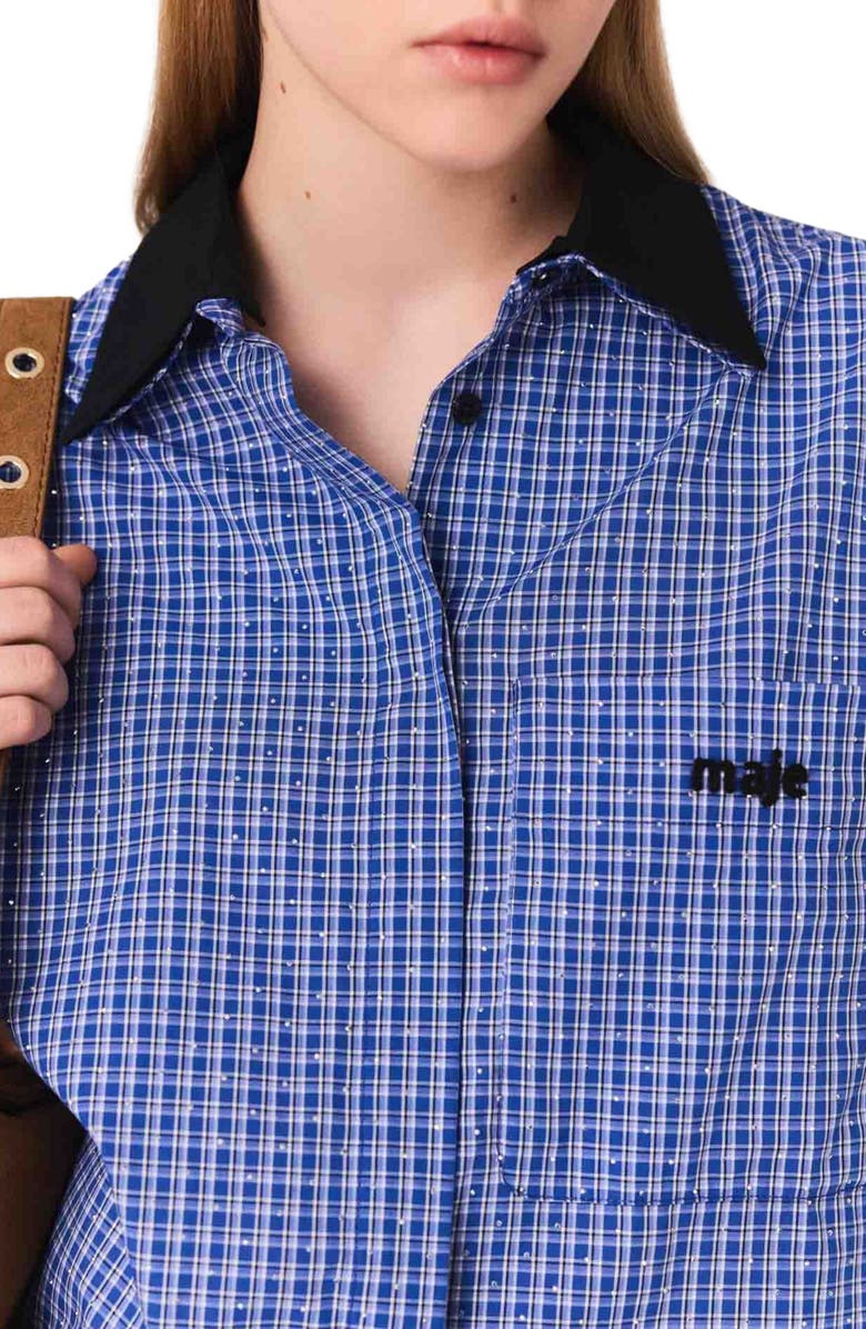 maje Removable collar rhinestone shirt, Alternate, color, Blue Rhinestoned Tiles Print