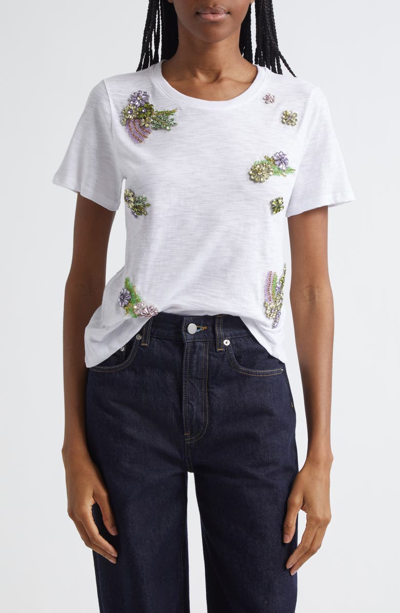 Cinq à Sept Ivy Floral Crystal Cotton T-Shirt, Main, color, 