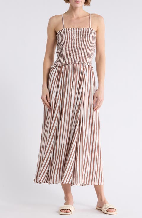 Stripe Smocked Cover-Up Midi Dress