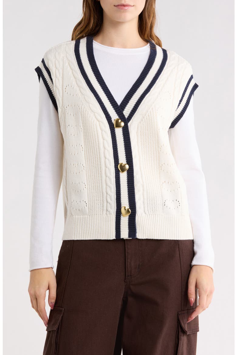 Tipped Cable Knit Sweater Vest, Main, color, CREME/ NAVY
