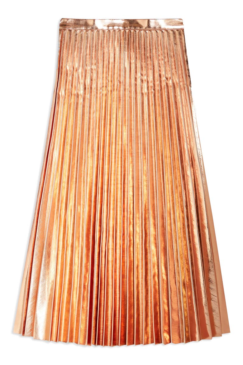 Pleated Metallic Faux Leather Midi Skirt, Alternate, color, ROSE GOLD
