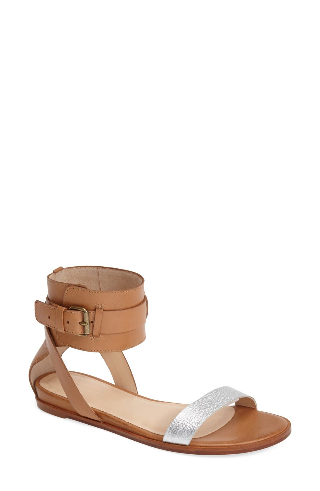 'Riko' Leather Ankle Strap Sandal, Main, color, SILVER