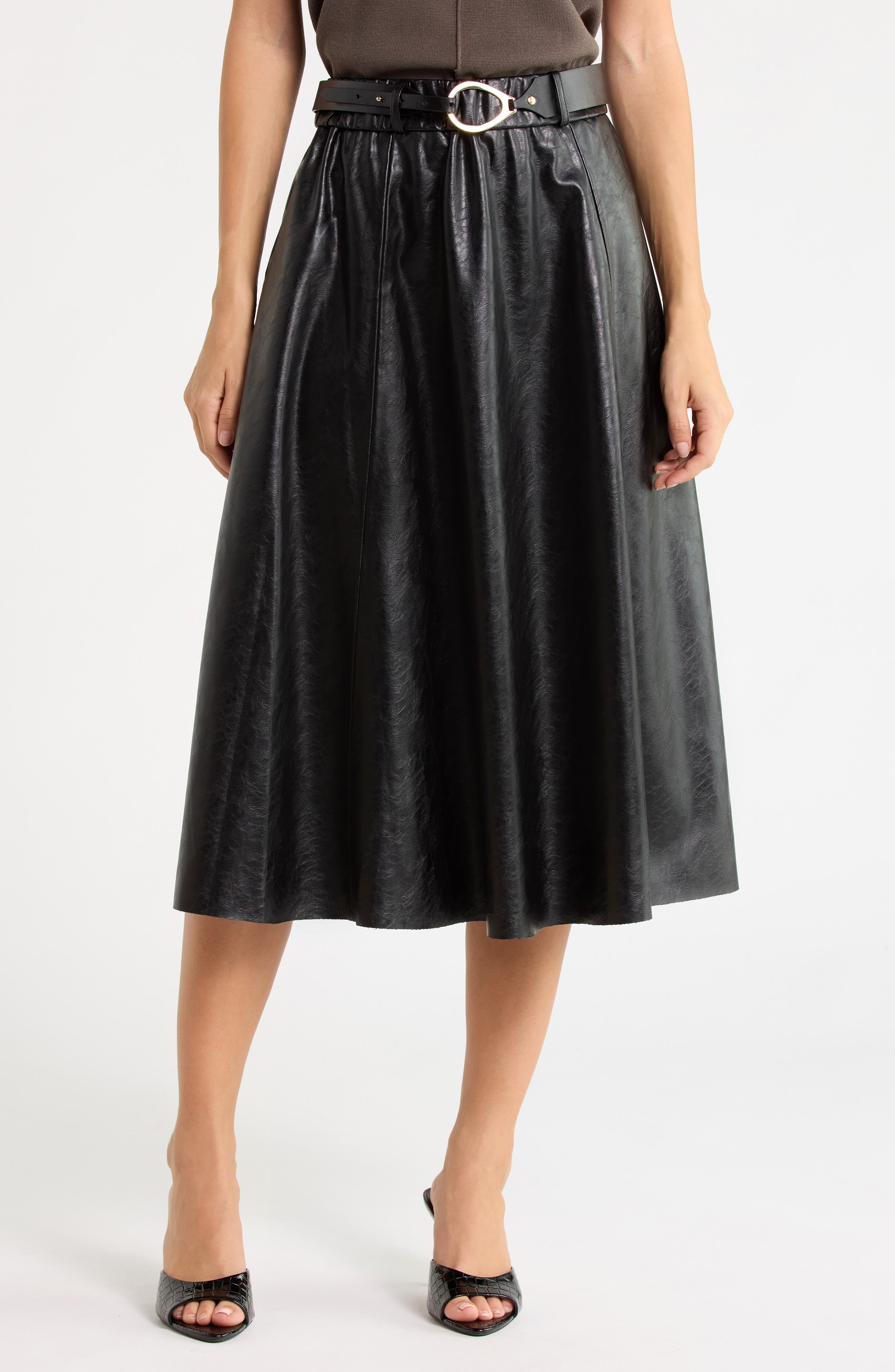 Belted Faux Leather Midi Skirt