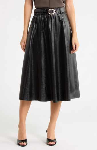 Belted Faux Leather Midi Skirt