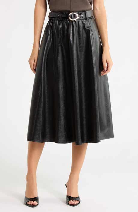 Belted Faux Leather Midi Skirt