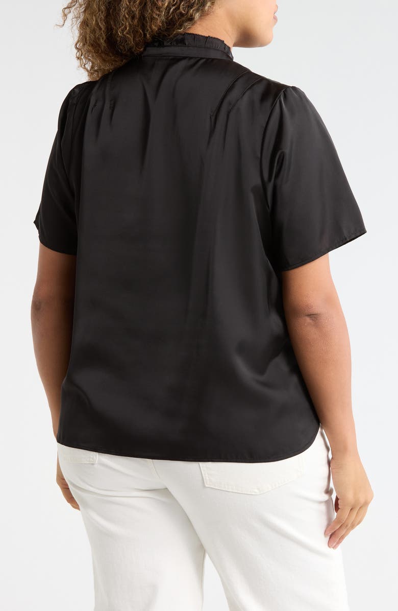 T Tahari Ruffle Split Neck Short Sleeve Top, Alternate, color, Black