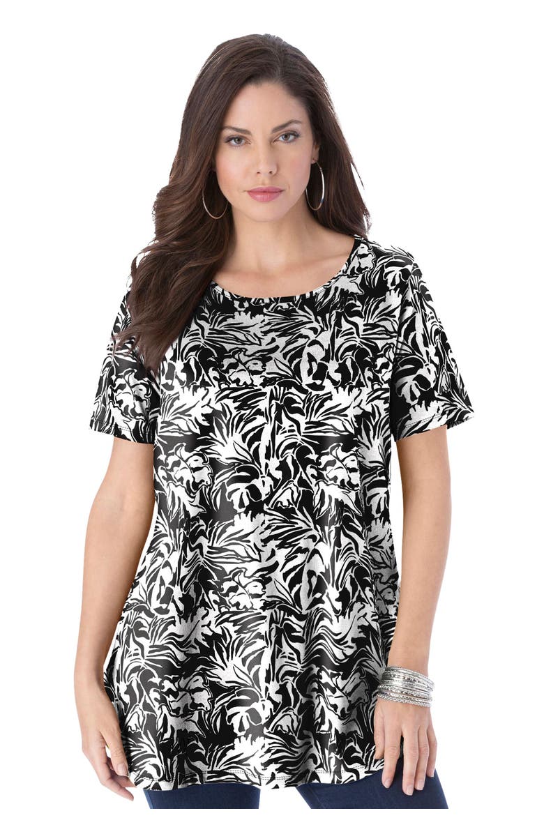 Roaman's Plus Size Ultimate Cotton Crewneck Short Sleeve Swing Tee, Main, color, Black Graphic Leaves