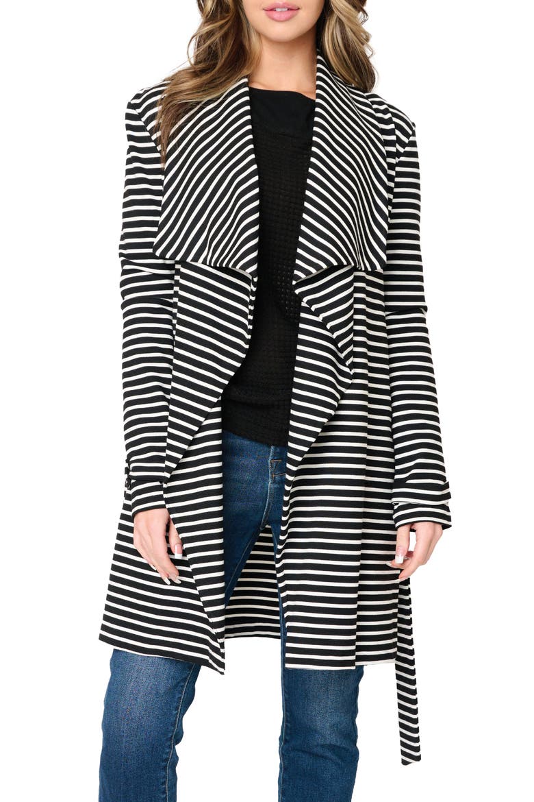 Belted Ponte Topper Jacket, Main, color, BLACK WHITE STRIPE