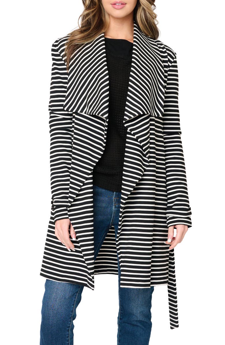 GIBSONLOOK Belted Ponte Topper Jacket, Main, color, Black/ White Stripe