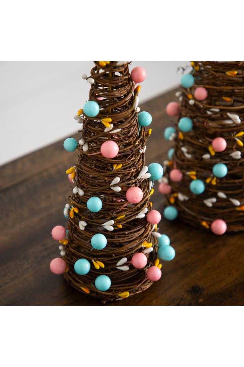 12-in and 16-in  Artificial Easter Rattan Cone Trees with Pastel Eggs - Set of 2, Alternate, color, Brown