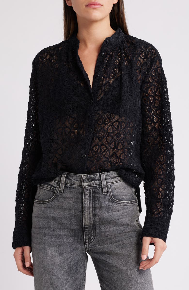 Treasure & Bond Band Collar Lace Button-Up Shirt, Main, color,