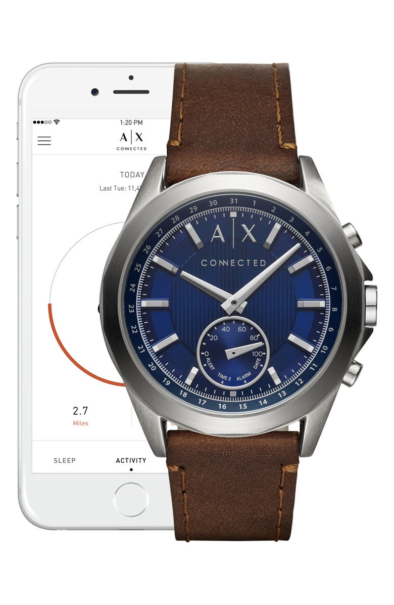 AX Armani Exchange Connected Hybrid Leather Strap Smartwatch, 44mm, Alternate, color,