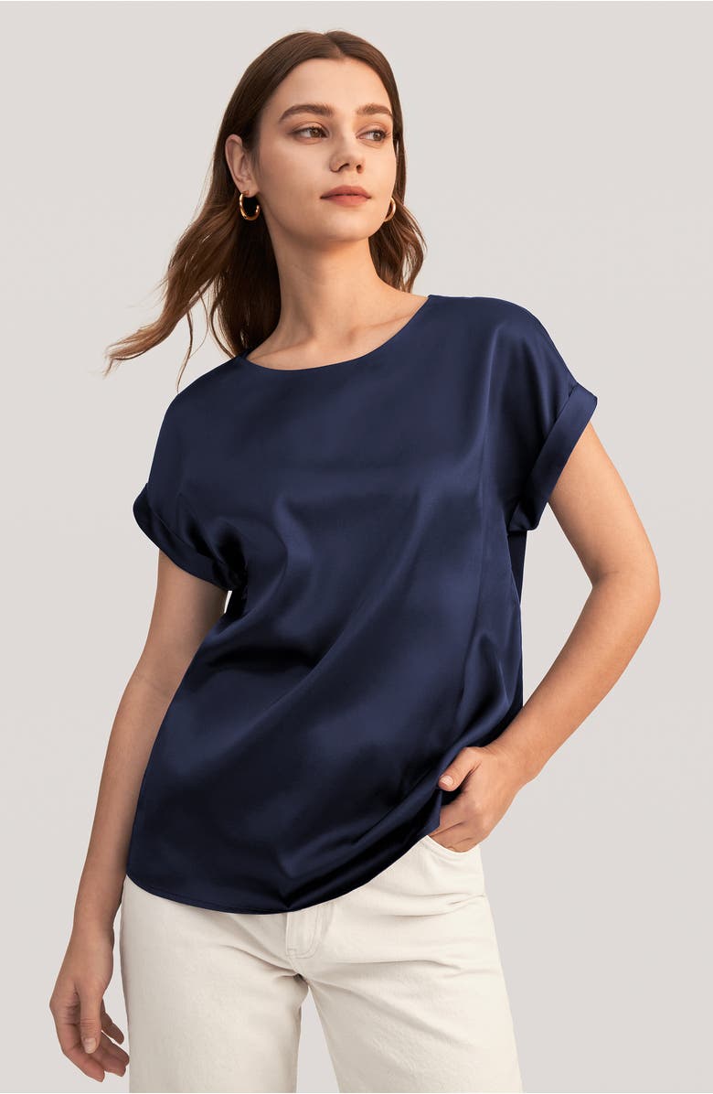 Lilysilk Women's Short Sleeves Round Neck Silk Tee, Alternate, color, Navy Blue