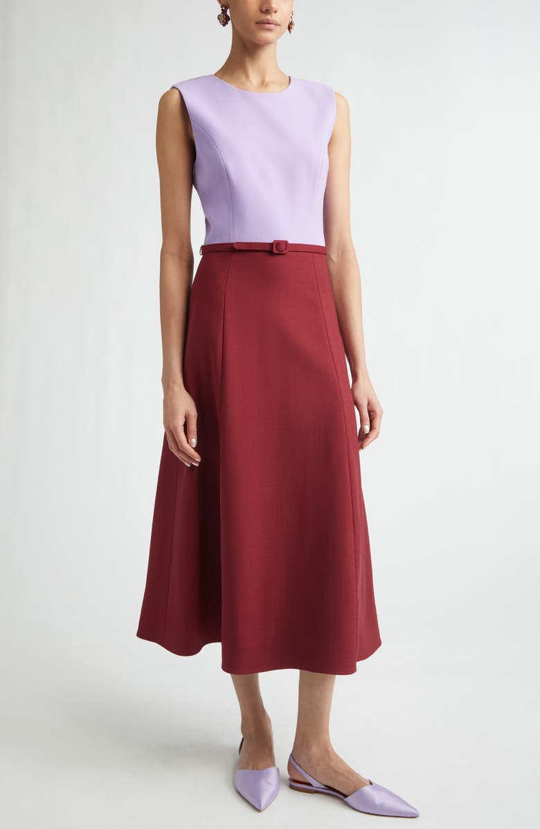 Carolina Herrera Colorblock Belted Stretch Wool Midi Dress, Main, color, Rioja Multi