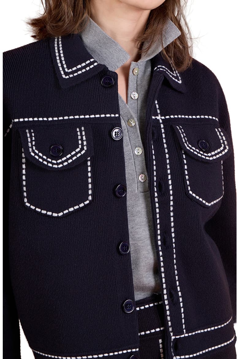 Denim Look Collared Cardigan, Alternate, color, NAVY/ WHITE