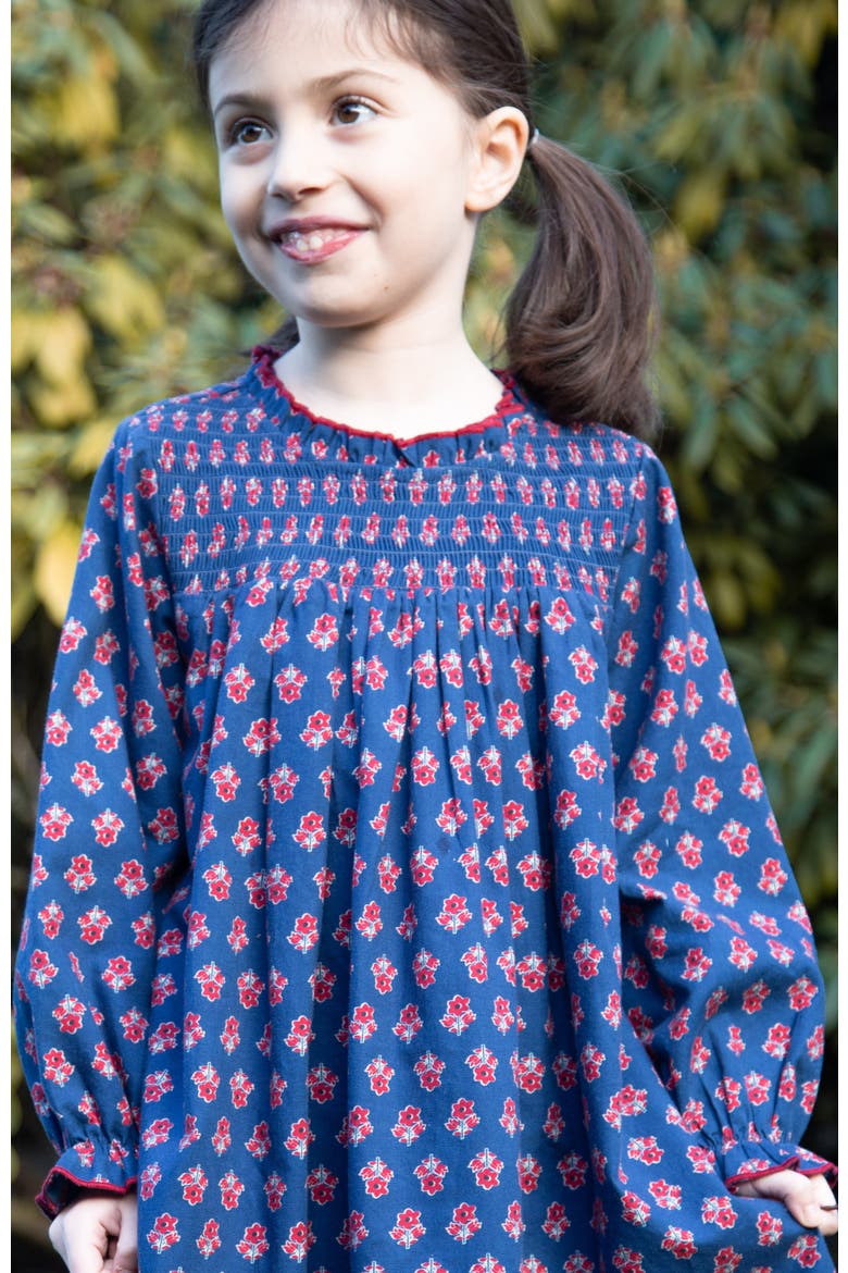 Girls' Smocked Long Sleeves Dress | Red and Navy, Alternate, color, Blue