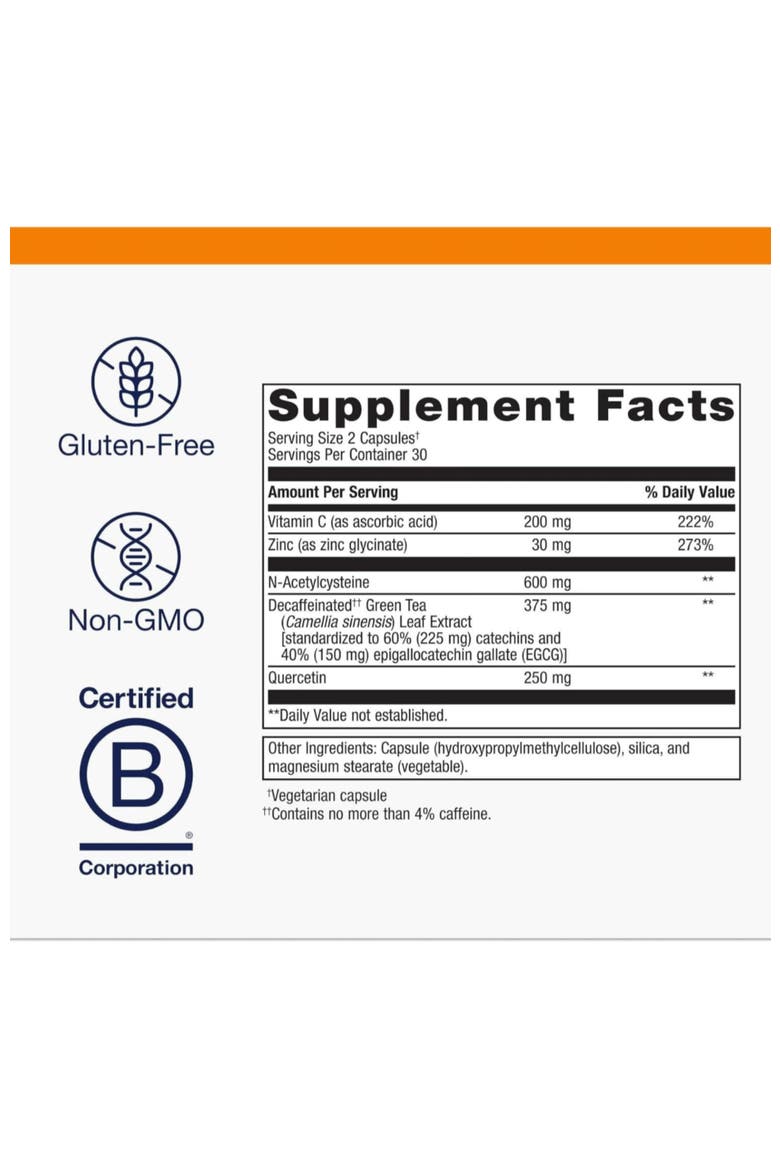 Immune Active Quercetin NAC Zinc EGCG Vitamin C Supplement 30 Servings, Alternate, color, None