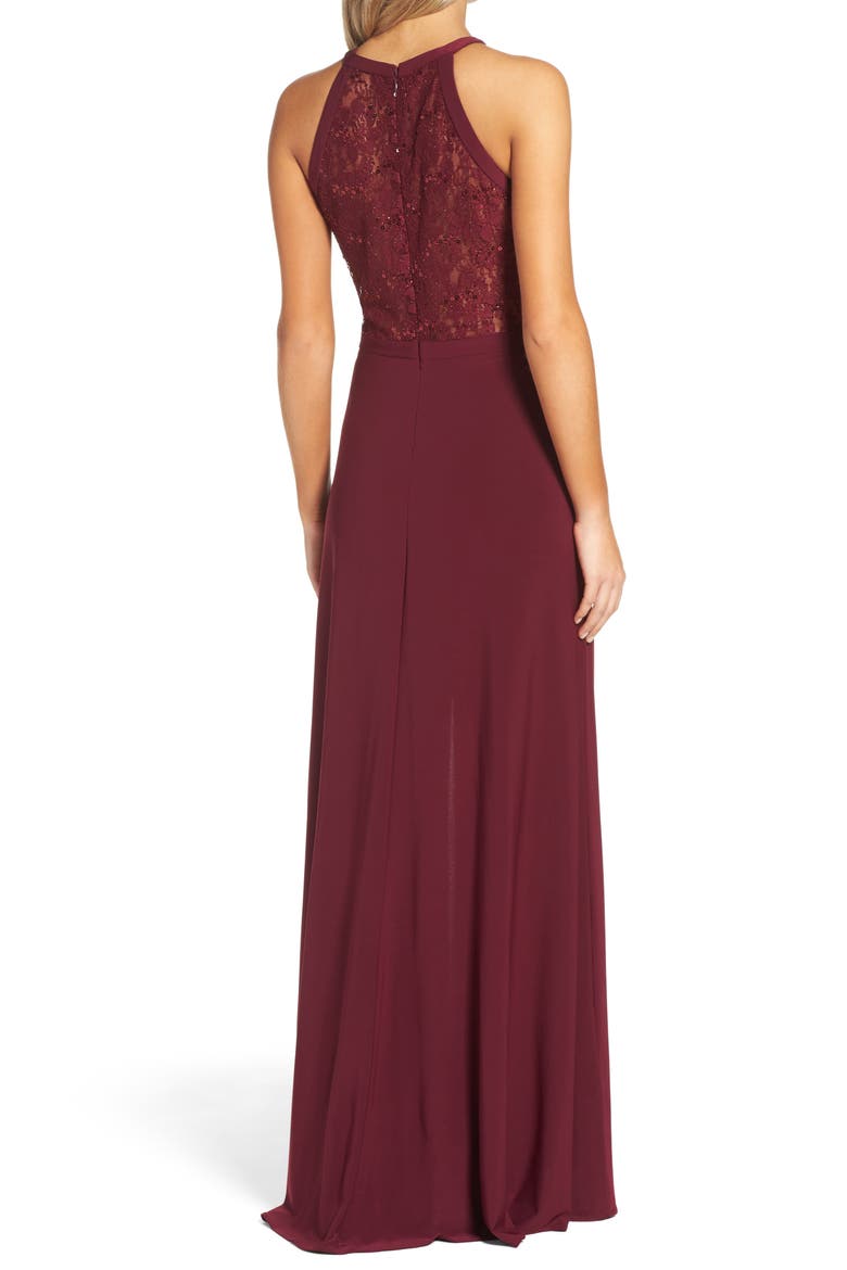 Lace & Jersey A-Line Gown, Alternate, color, MERLOT