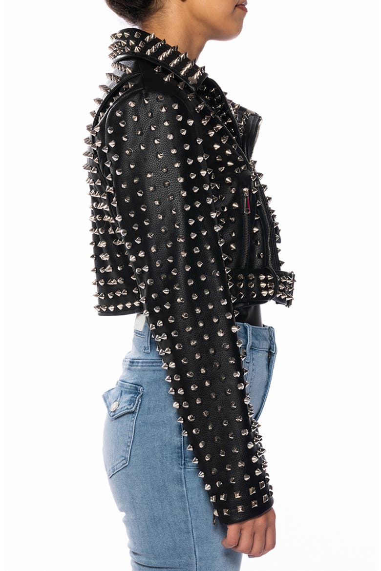 Studded Belted Faux Leather Moto Jacket, Alternate, color, BLACK