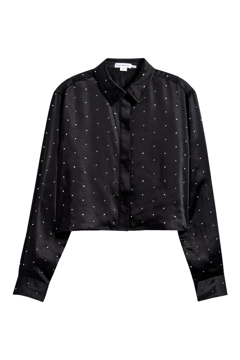 Crystal Embellished Satin Button-Up Crop Shirt, Alternate, color, BLACK001