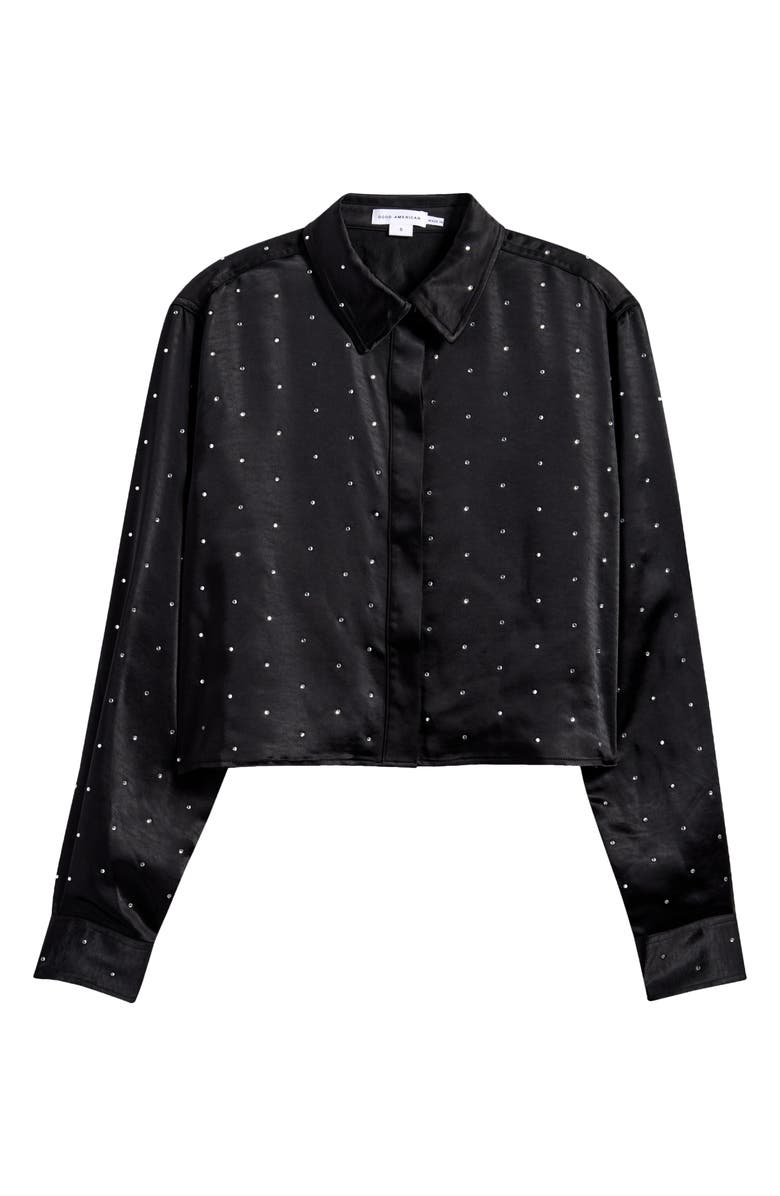 Good American Crystal Embellished Satin Button-Up Crop Shirt, Alternate, color, Black001