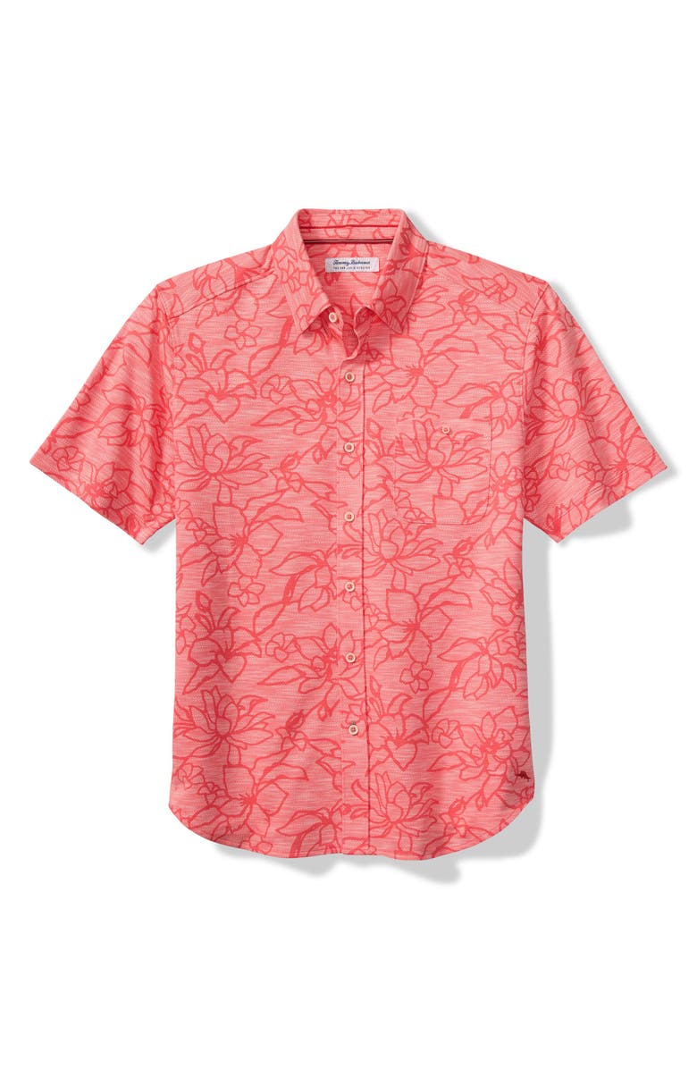 Tommy Bahama San Lucio Tides Flora IslandZone<sup>®</sup> Short Sleeve Cotton Blend Button-Up Shirt, Main, color, Pure Coral