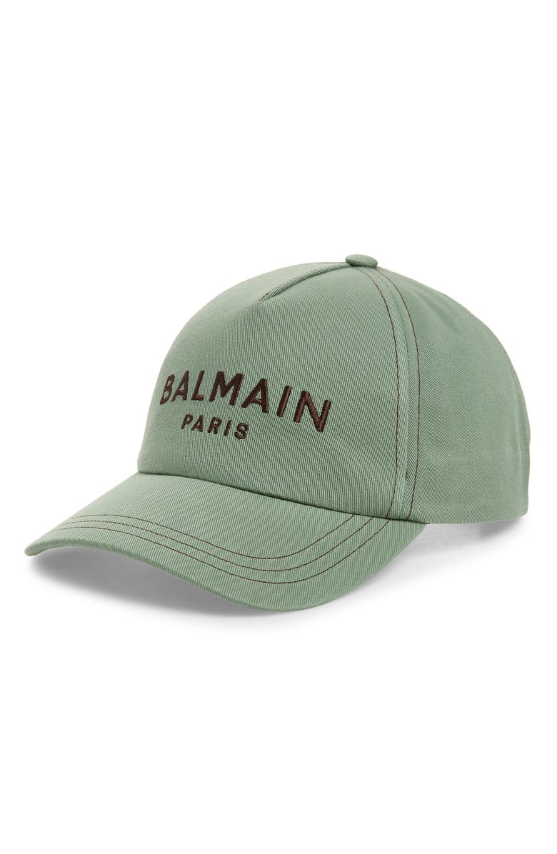 Balmain Logo Embroidered Adjustable Cotton Twill Baseball Cap, Main, color, Ujf Green/ Brown