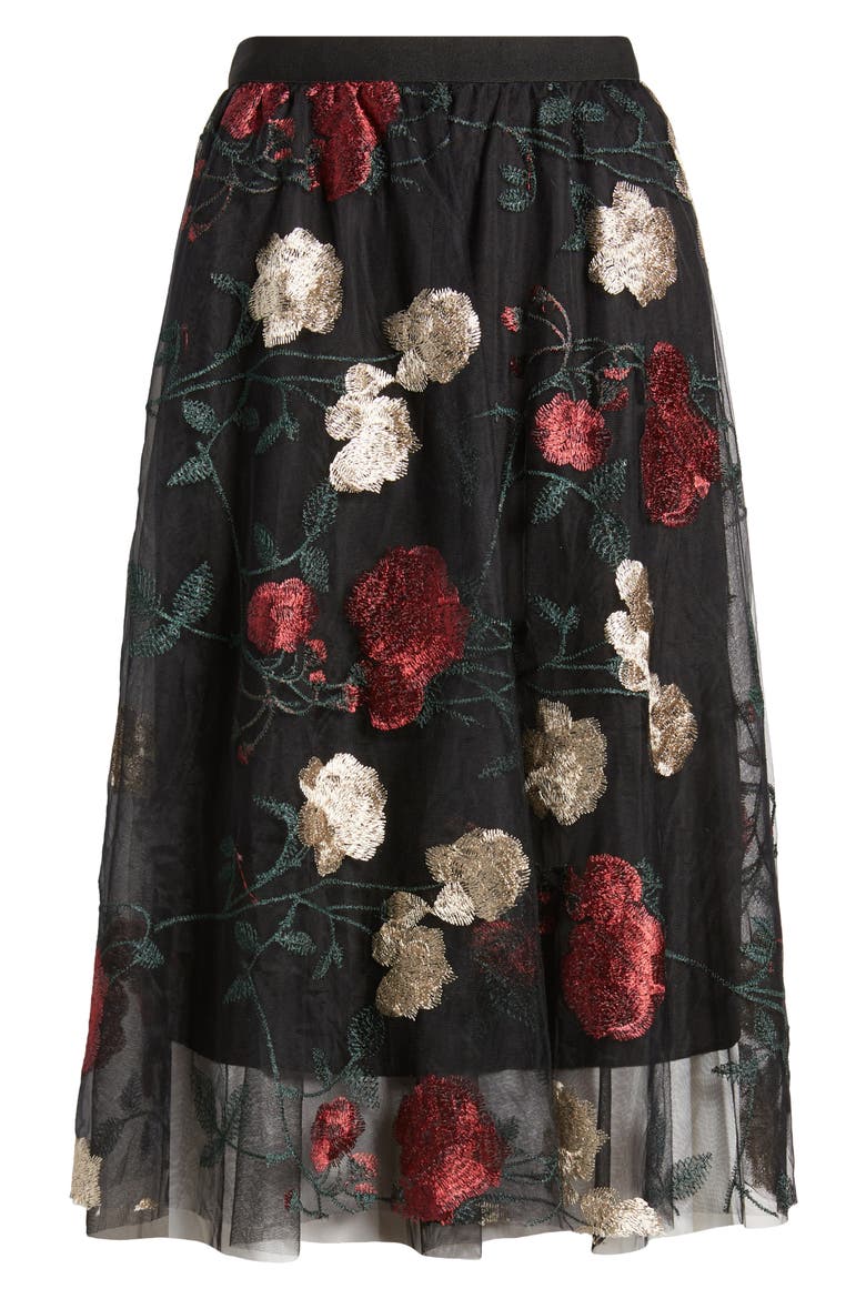 Virginia Floral Midi Skirt, Alternate, color, BLACK