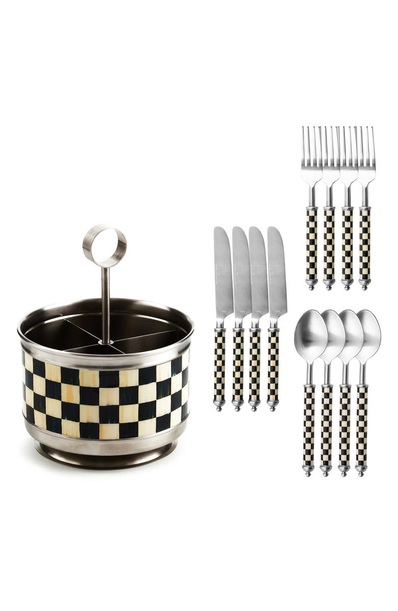 MACKENZIE CHILDS Courtly Check Supper Club Flatware & Caddy Set, Main, color, Black/ White
