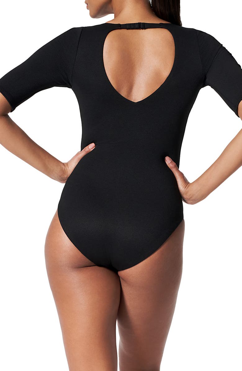 SPANX<sup>®</sup> Piqué Shaping Short Sleeve One-Piece Rashguard Swimsuit, Alternate, color, 